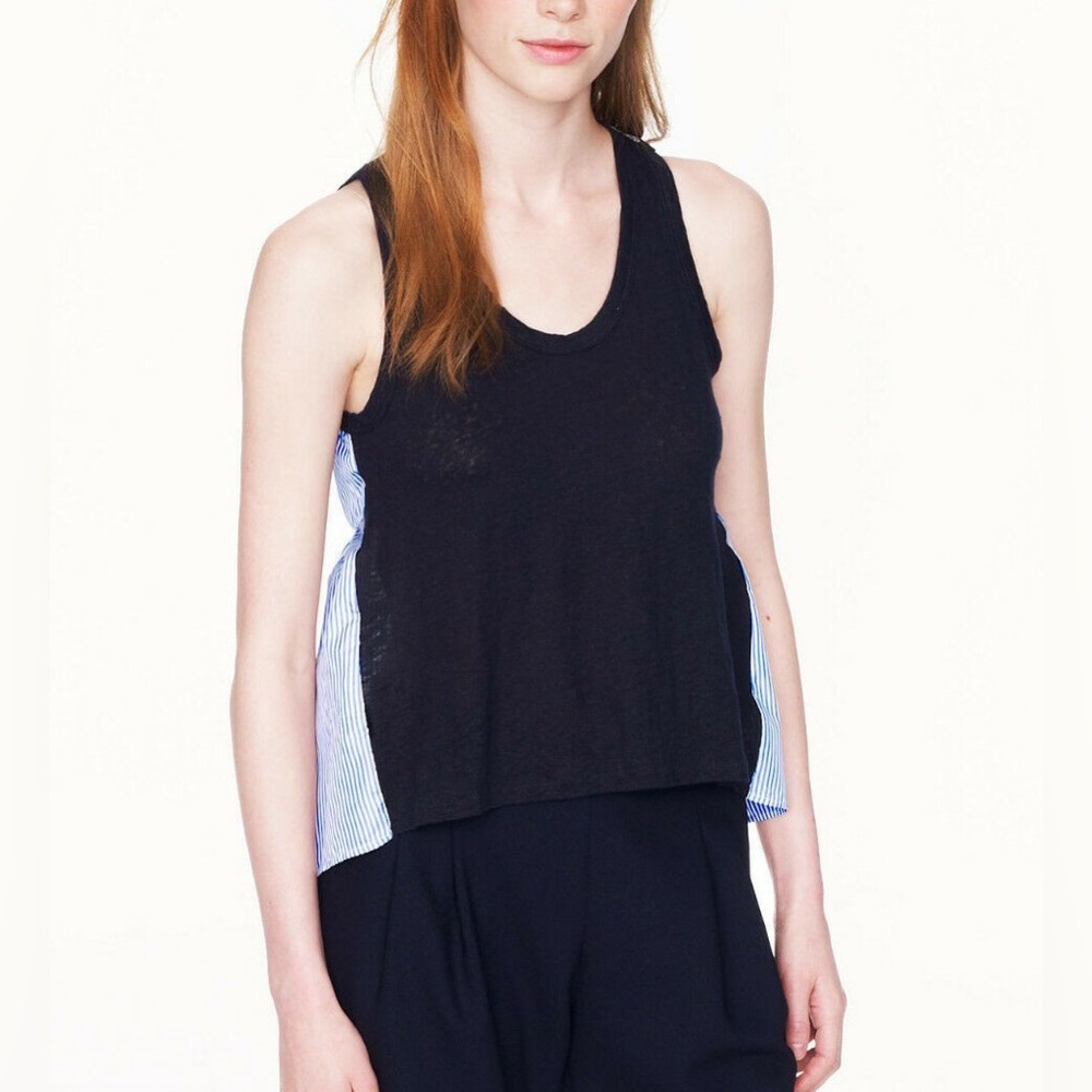 J Crew Navy Tank with Stripe Fabric on Back Peplum Back Detail